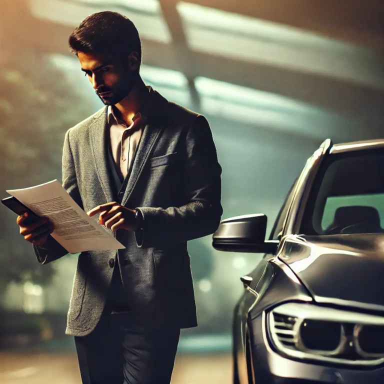 Man reviewing car sale documents next to a modern car, illustrating cash for cars UAE.