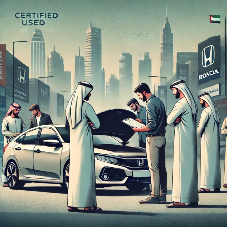 Men inspecting a certified used Honda on a street in Abu Dhabi