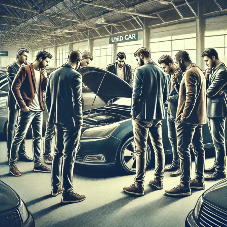 Men discussing cheap used cars at Abu Dhabi dealership