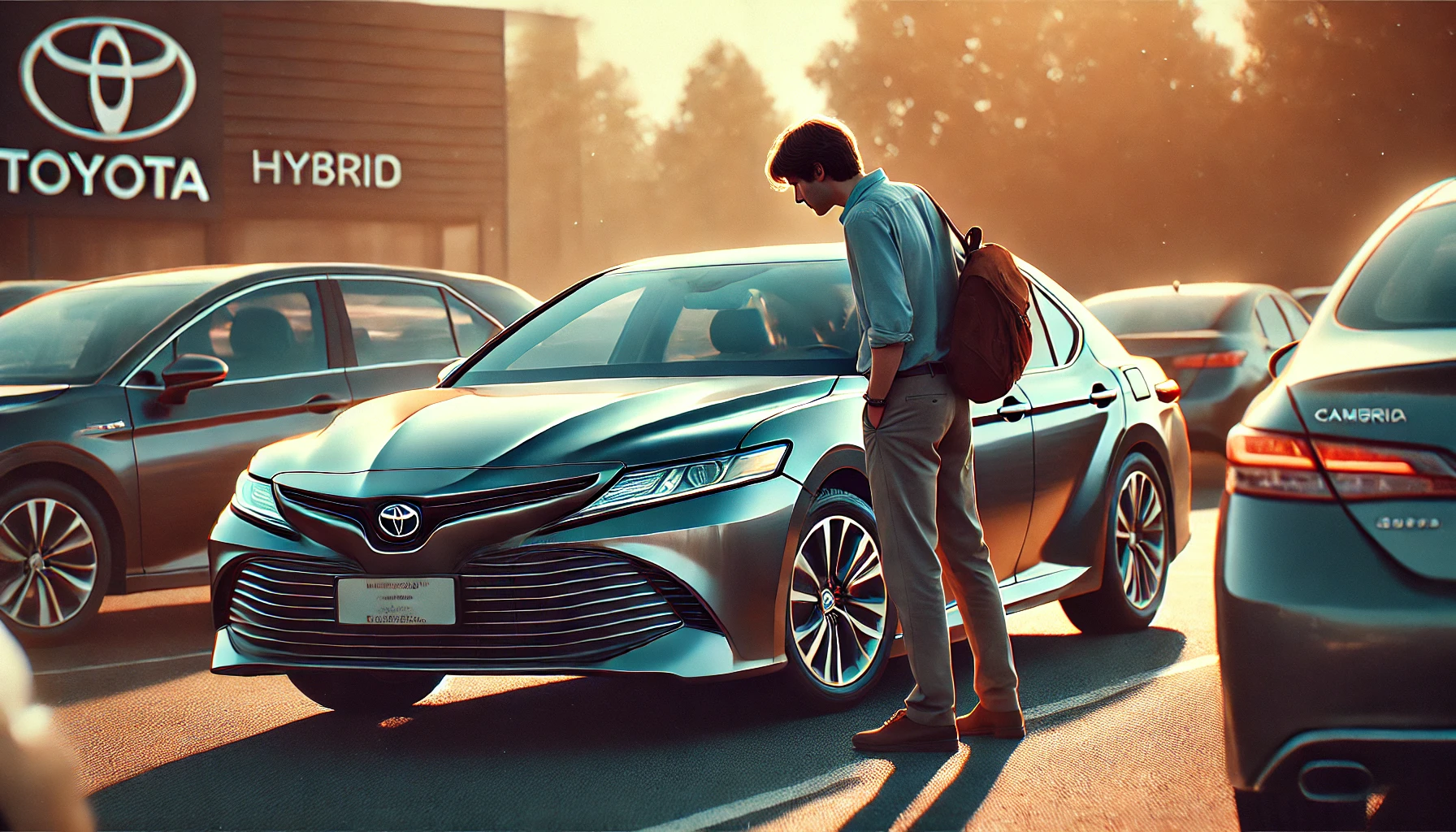Man examining Toyota Camry Hybrid in a dealership in UAE