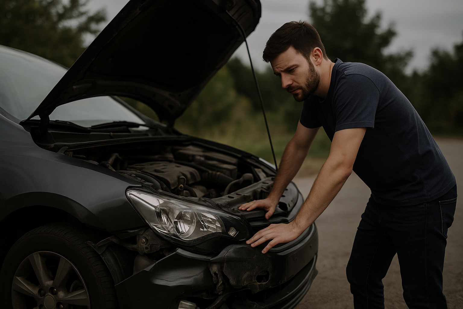man checking damaged vehicle to sell my broken car