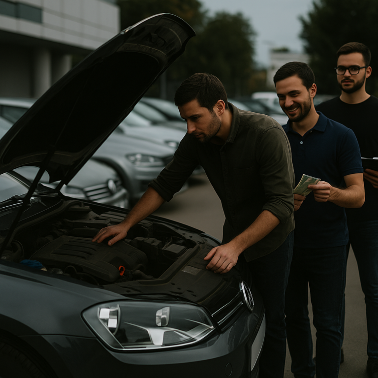 Abu Dhabi car buyers discussing used vehicle sale in Saadiyat Island