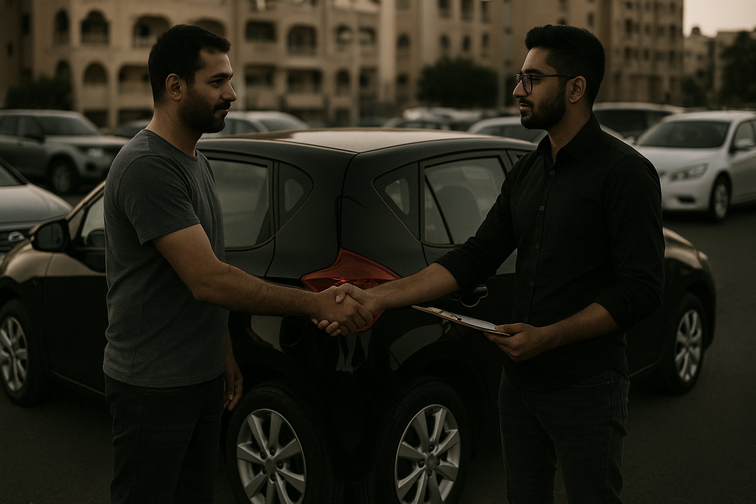 Abu Dhabi car buyers shaking hands in Baniyas parking lot