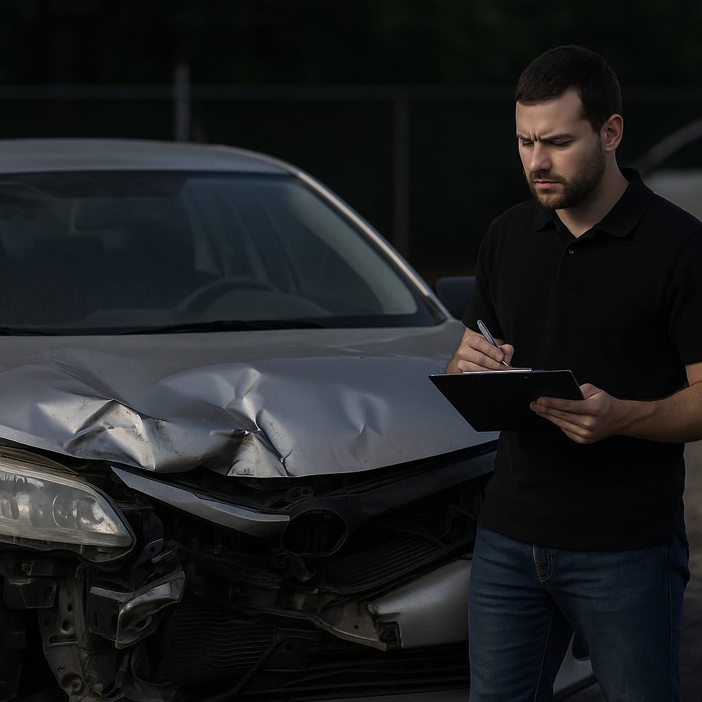 man inspecting damaged vehicle to sell broken car cash near me