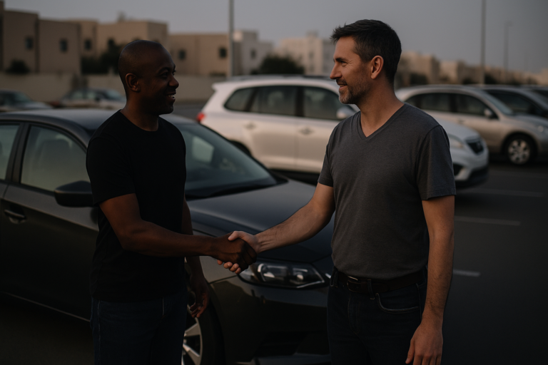 two men closing a deal with Abu Dhabi car buyers in Baniyas