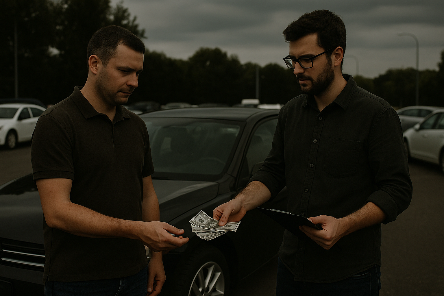 car seller and buyer exchanging cash in Abu Dhabi – we buy used cars