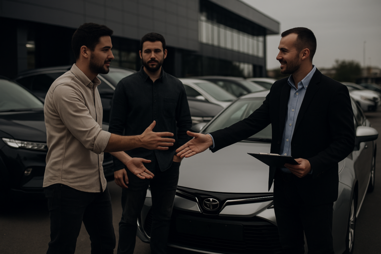 Auto buyers in Abu Dhabi interacting with car salesmen