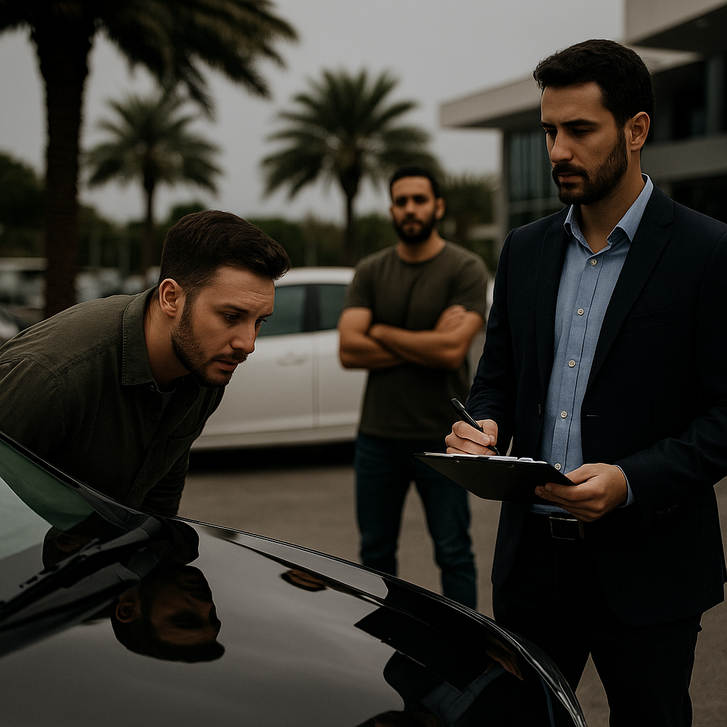 Abu Dhabi car buyers inspecting vehicle in Saadiyat Island