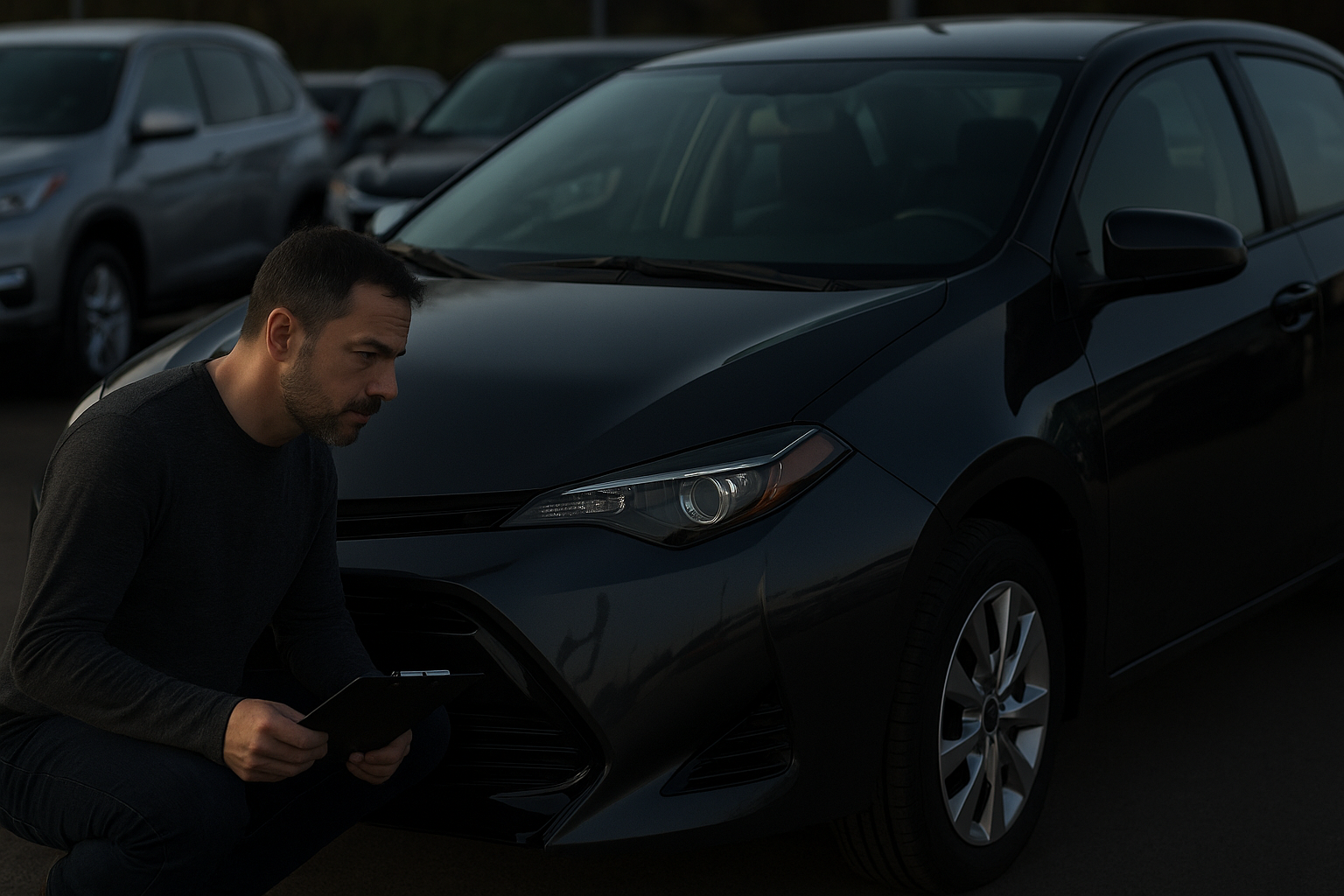 man applying Abu Dhabi car selling tips while inspecting a used car