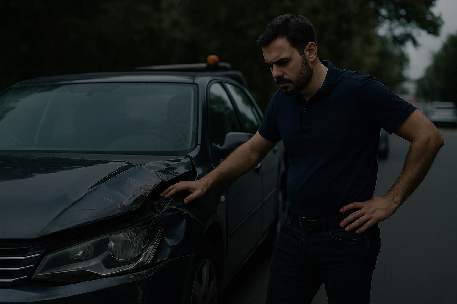 man inspecting damaged vehicle to sell my broken car for cash