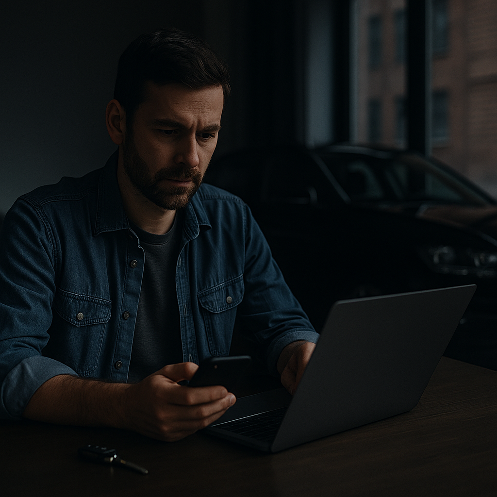 regular man using laptop to sell my car online fast