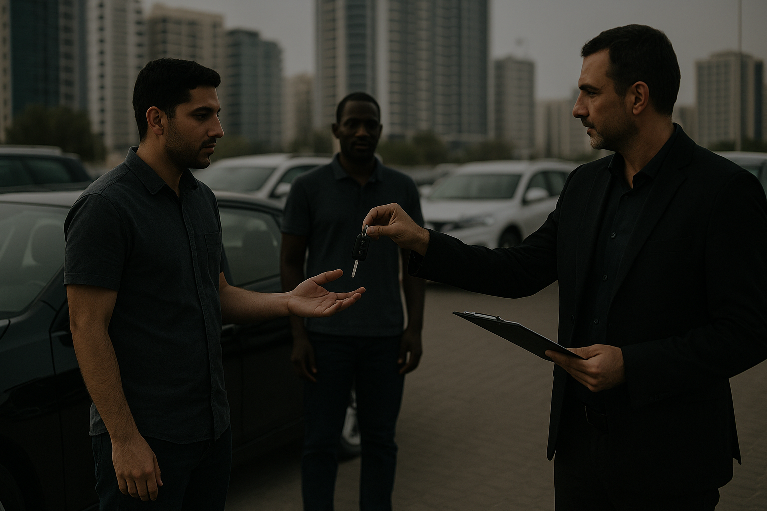 Abu Dhabi car buyers handing over car keys in Baniyas