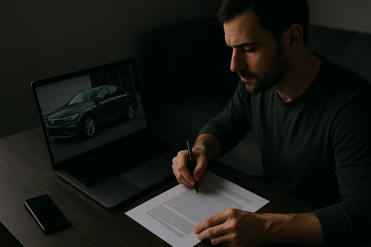 man writing perfect car ad at desk with car image