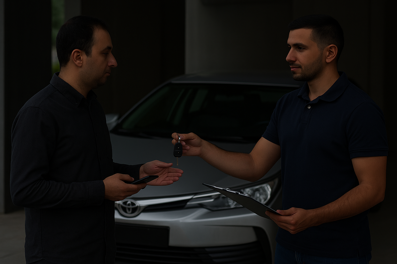 men exchanging keys to sell any car in Abu Dhabi