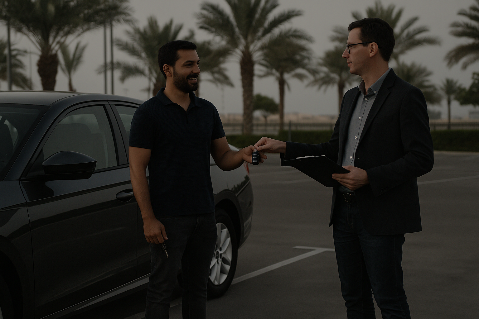 regular men at we cash any car location Abu Dhabi handing over car keys