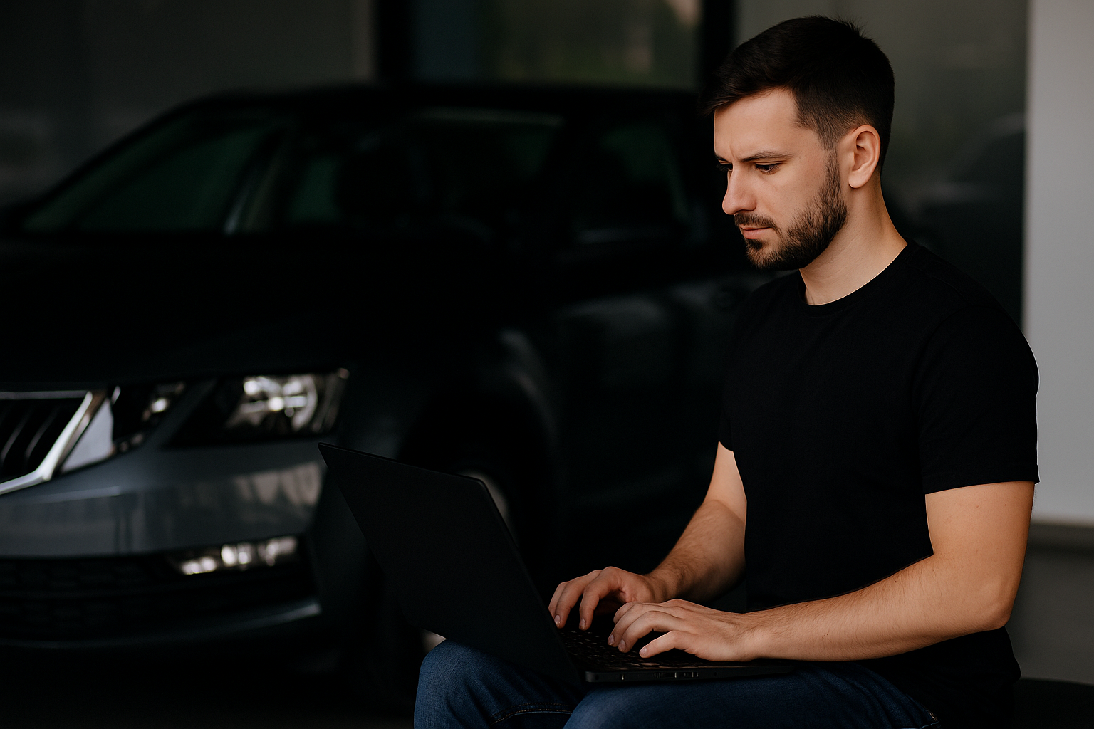 man using laptop to sell my car online