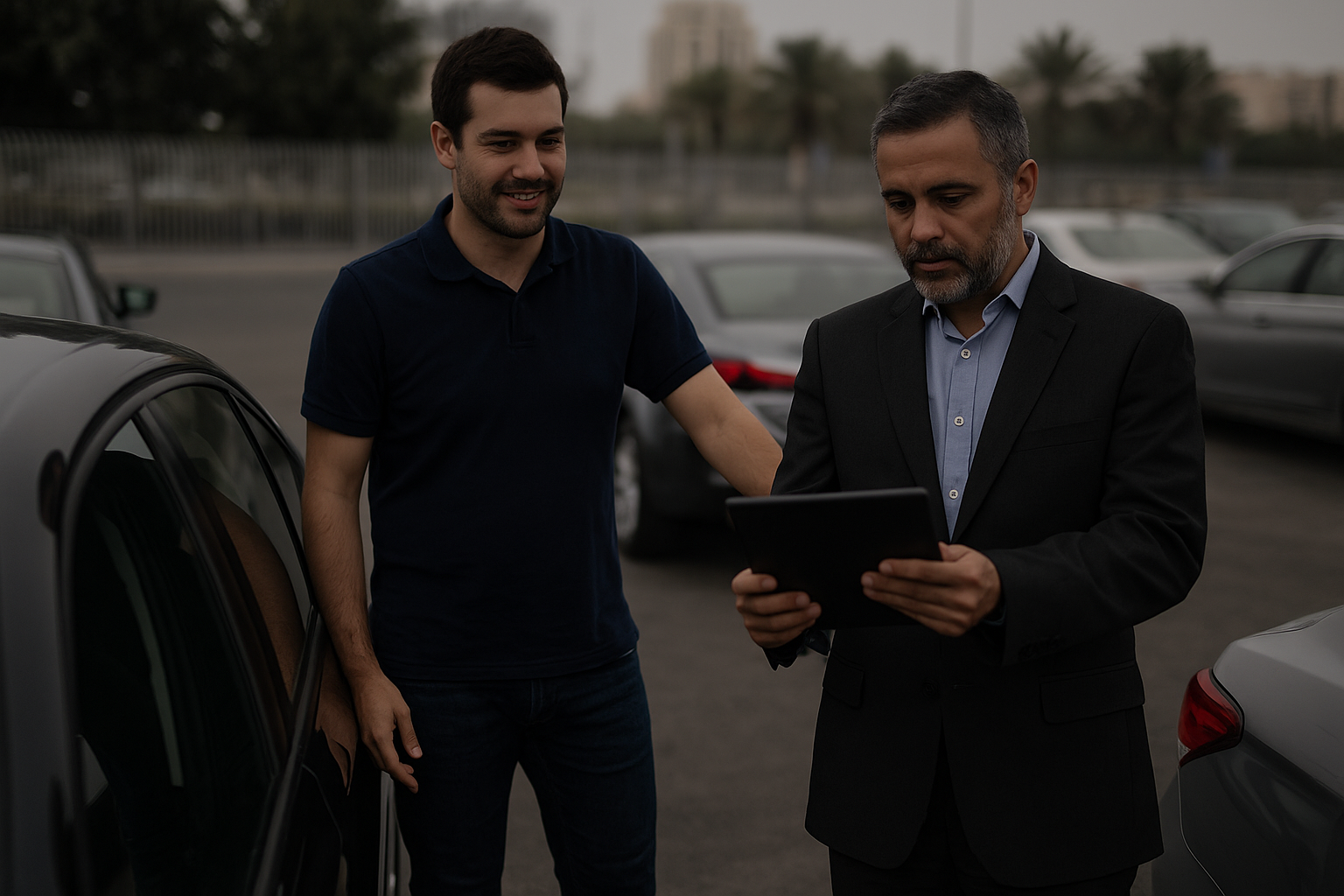 Two men discussing car sale near sedan to sell any car