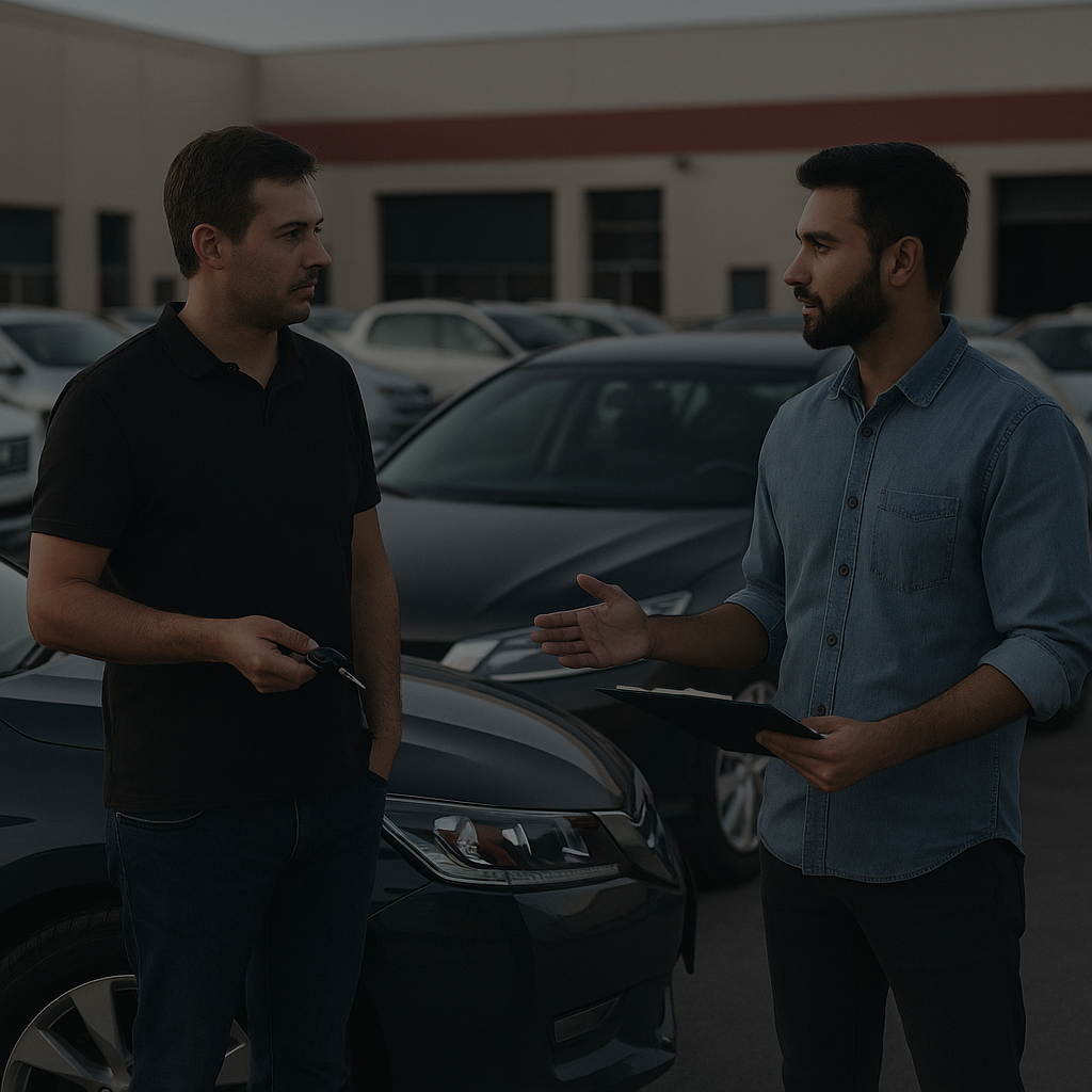 Abu Dhabi car buyers speaking near car in Baniyas showroom