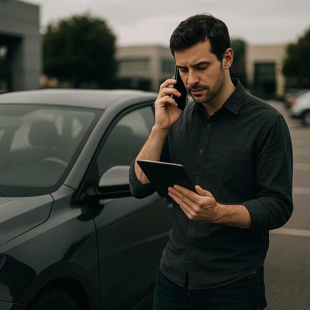 man selling car online using mobile device – sell my car online