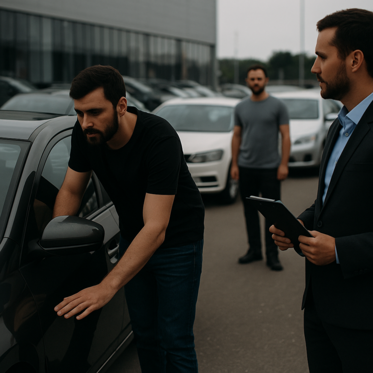 man checking used car at dealership showing where to sell my car