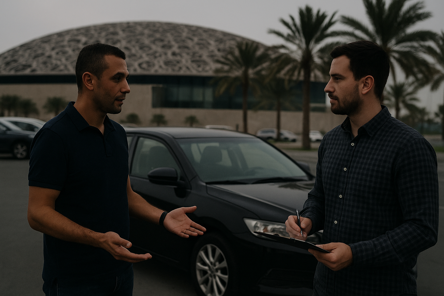 Abu Dhabi car buyers discussing a car deal in Saadiyat Island