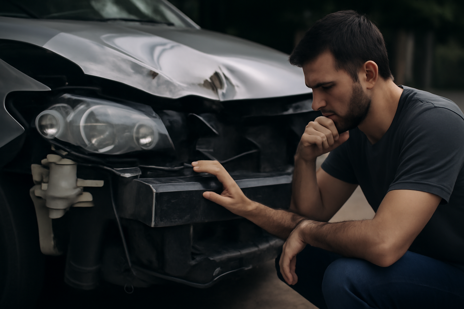 Man inspecting the damage on a broken car, evaluating its value in Abu Dhabi.
