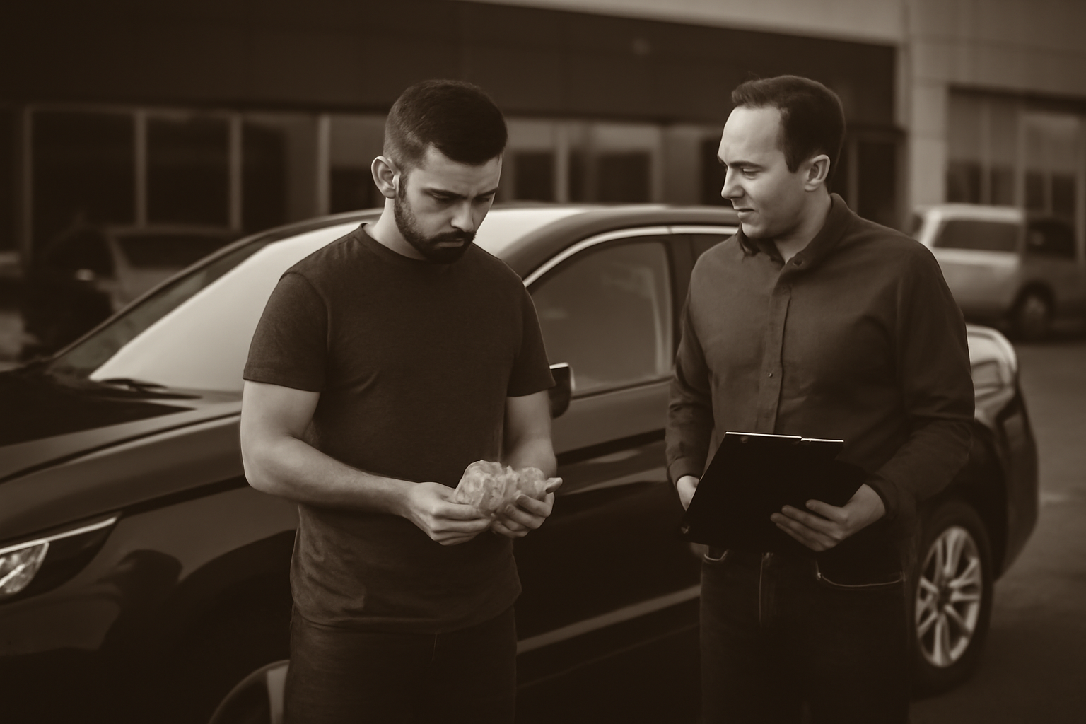 Two men negotiating a car sale, exchanging cash at a dealership