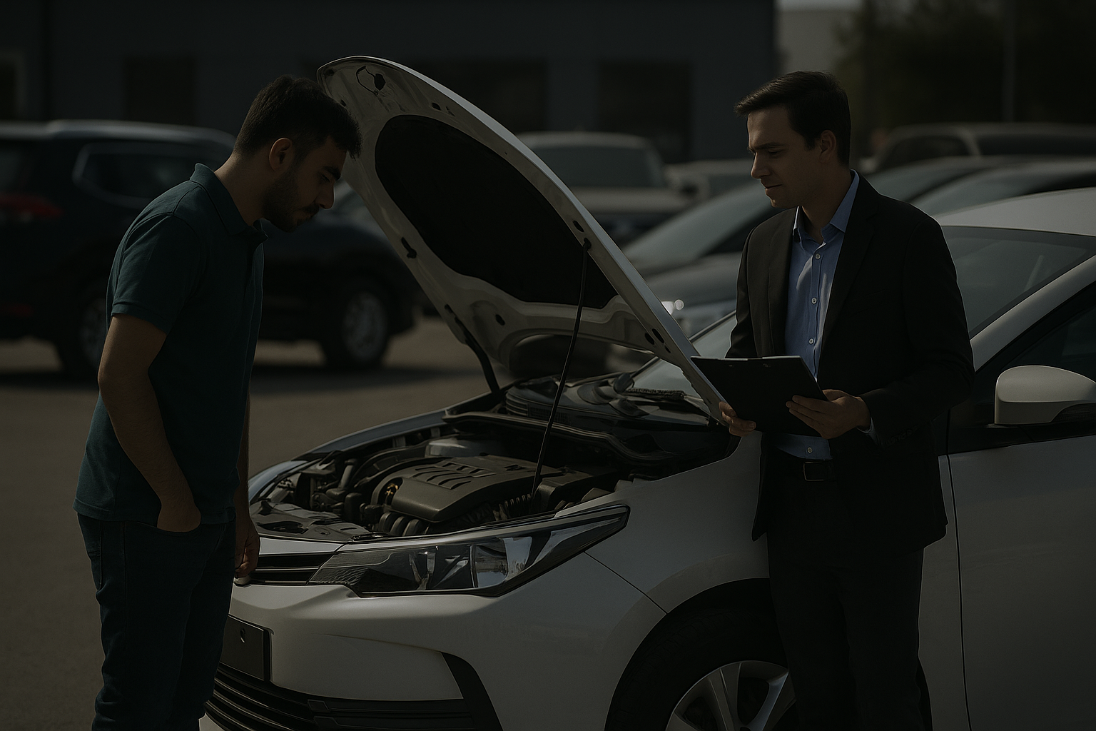 auto buyers inspecting car in Abu Dhabi dealership lot