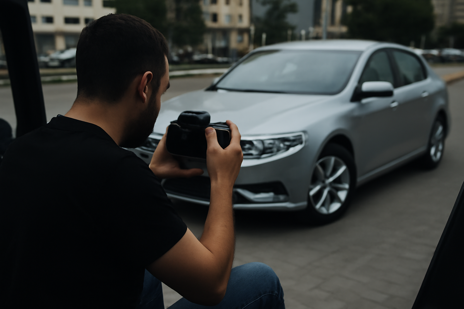 man photographing silver sedan for car sale ad in Abu Dhabi