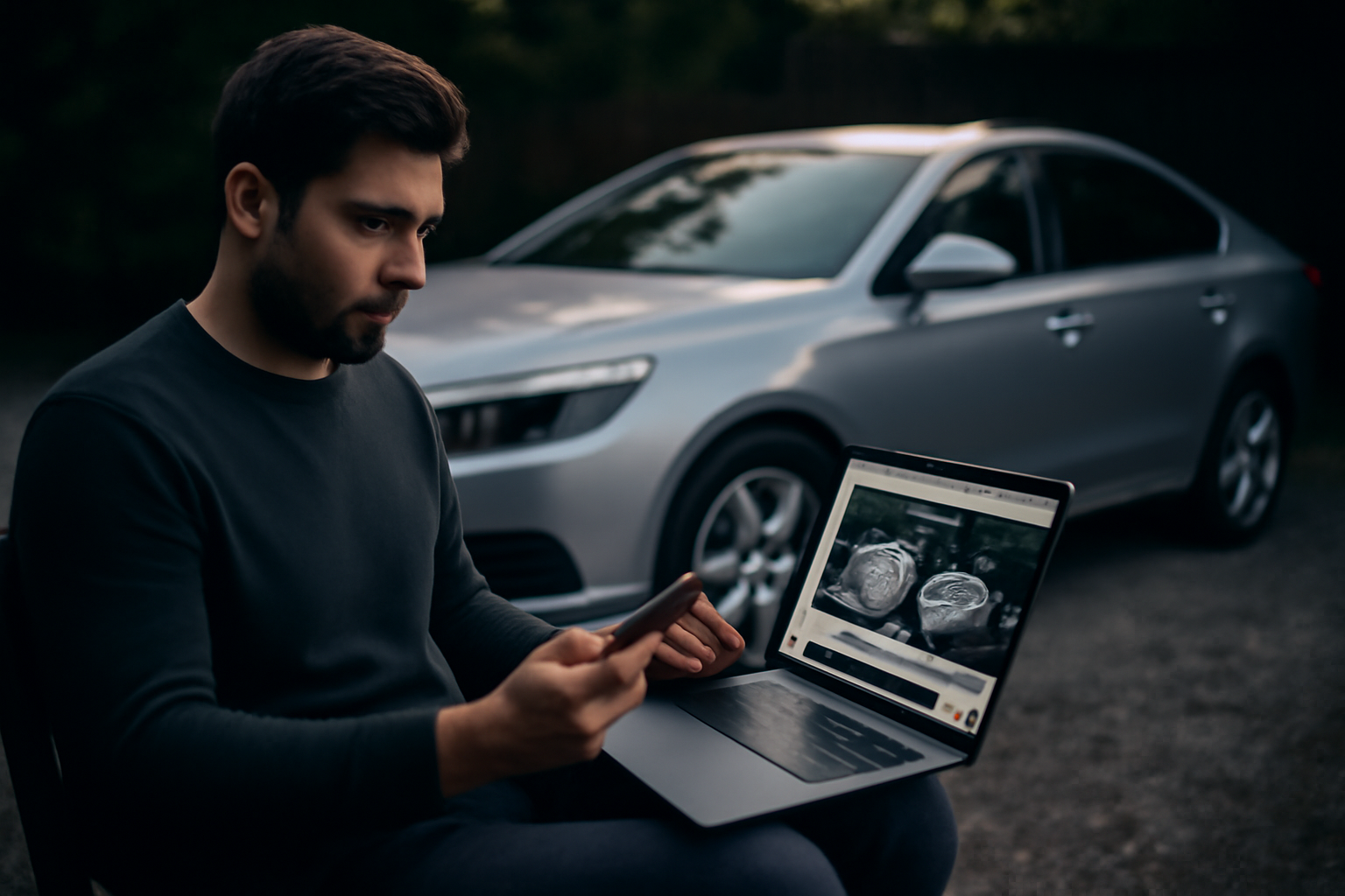 Man using laptop to sell his car online in Abu Dhabi