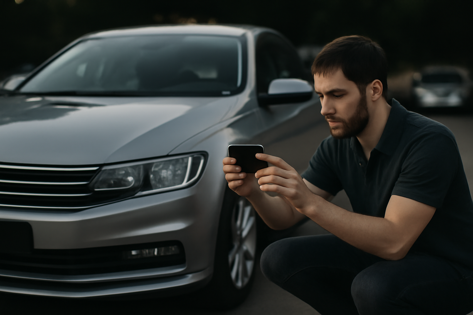 Best car sale ad Abu Dhabi with a man photographing a silver sedan