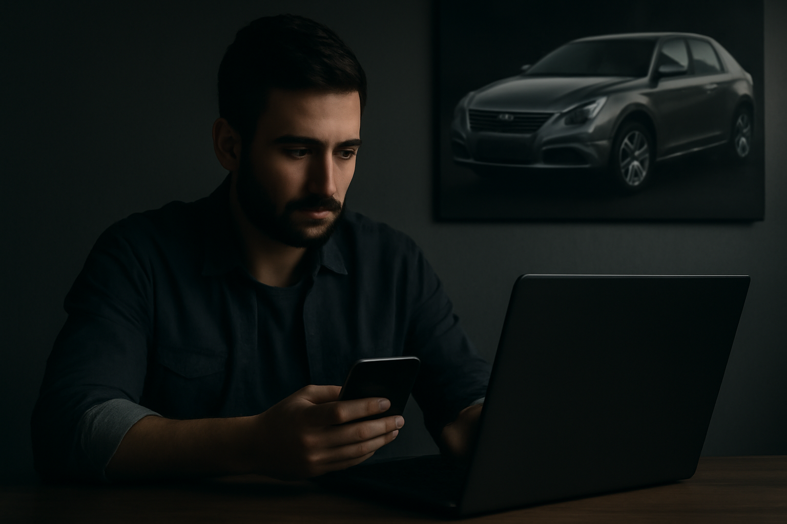 Young man using laptop and smartphone to sell cars online for free in Abu Dhabi