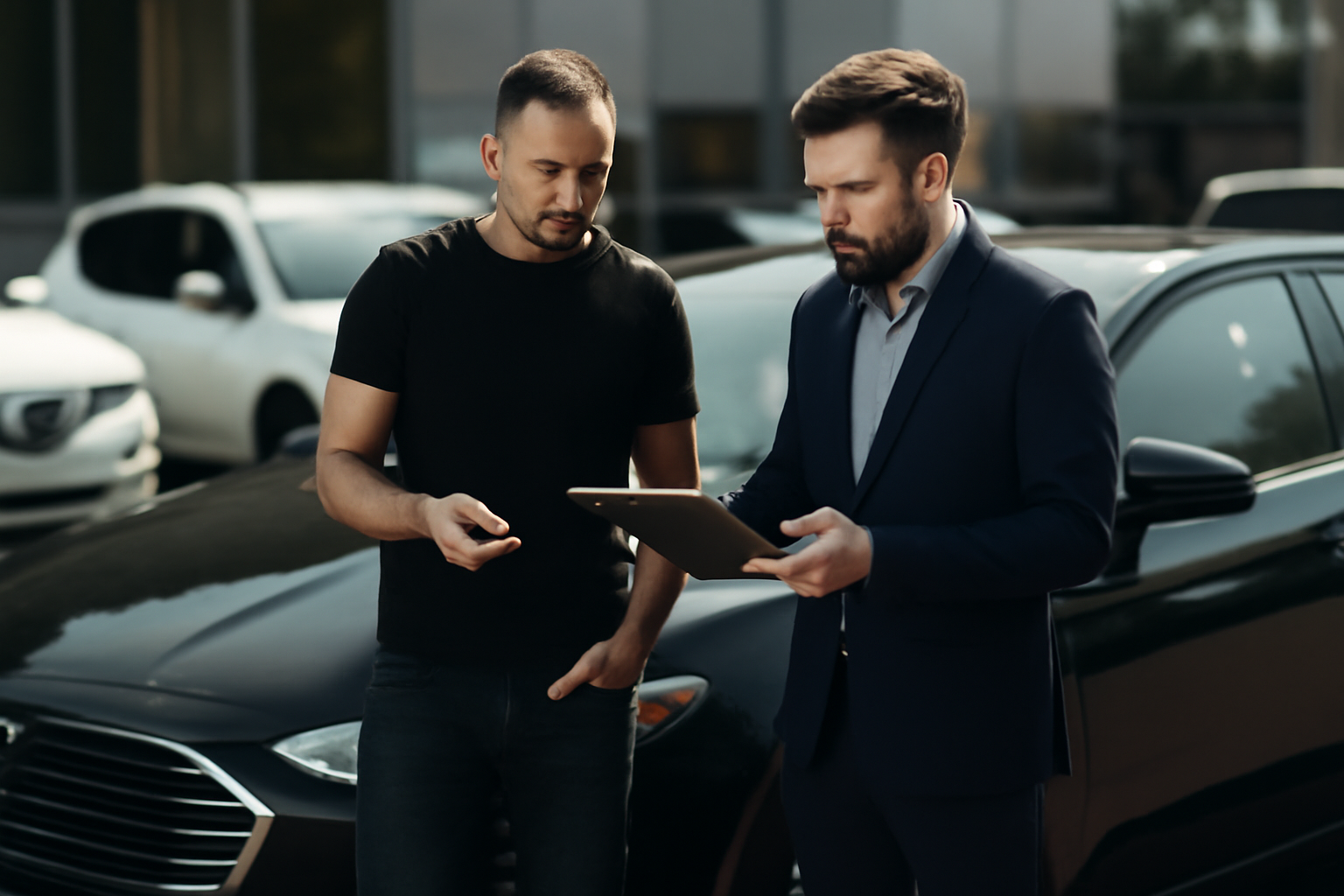 Abu Dhabi car selling price tips with men discussing car sale