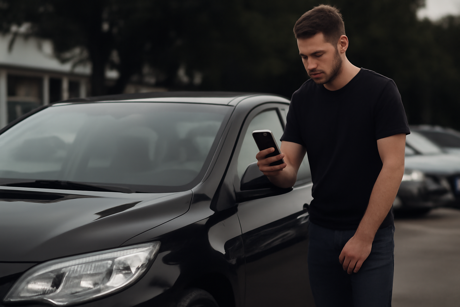 Instant offer for car in Abu Dhabi, man standing by car looking at phone