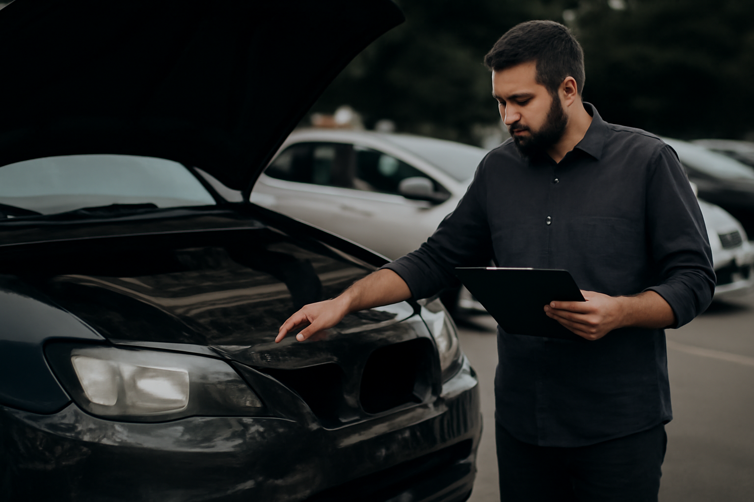Sell broken car Abu Dhabi, man inspecting a damaged vehicle