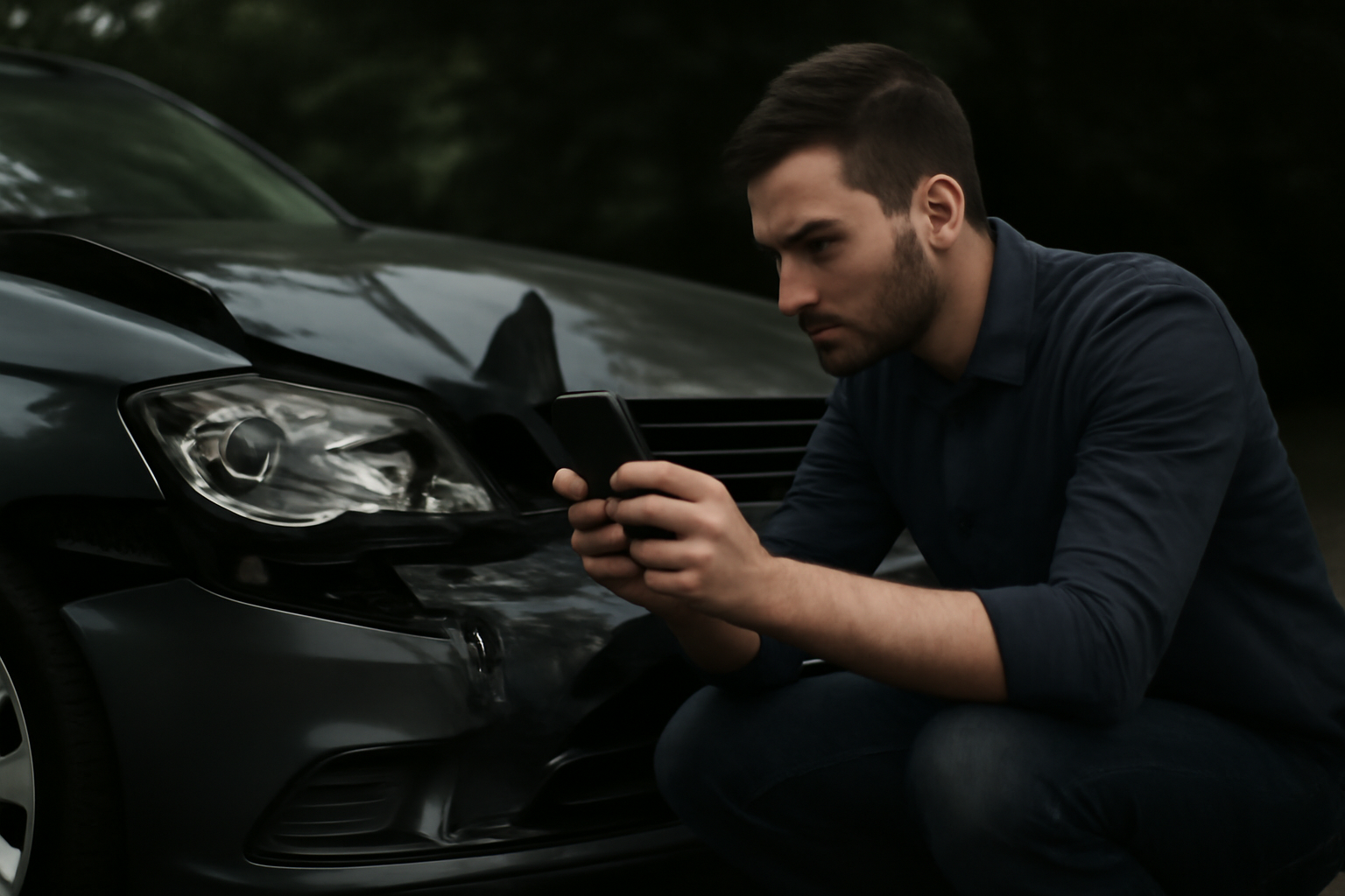 man inspecting broken car in Abu Dhabi