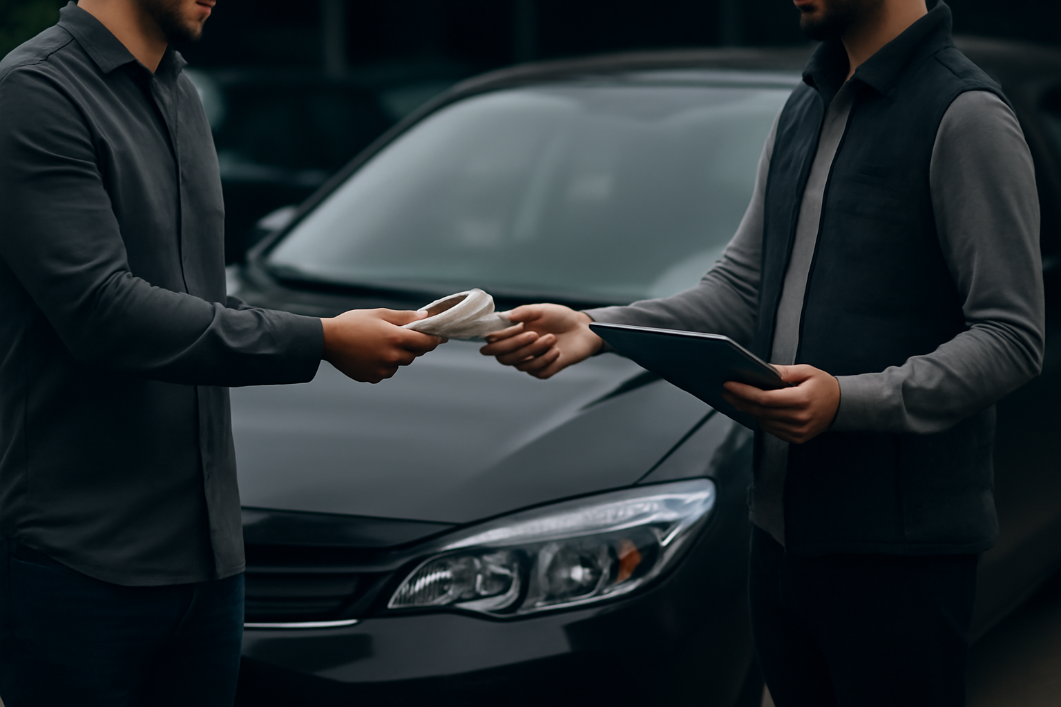 Two men exchanging cash for a used car in Abu Dhabi