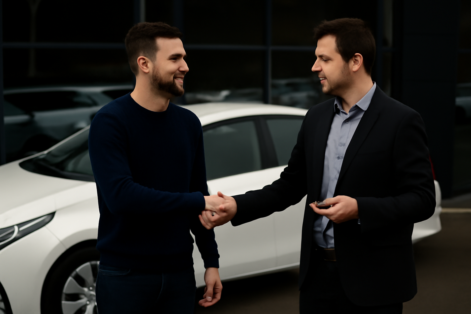 Auto buyers in Abu Dhabi shaking hands at a car dealership