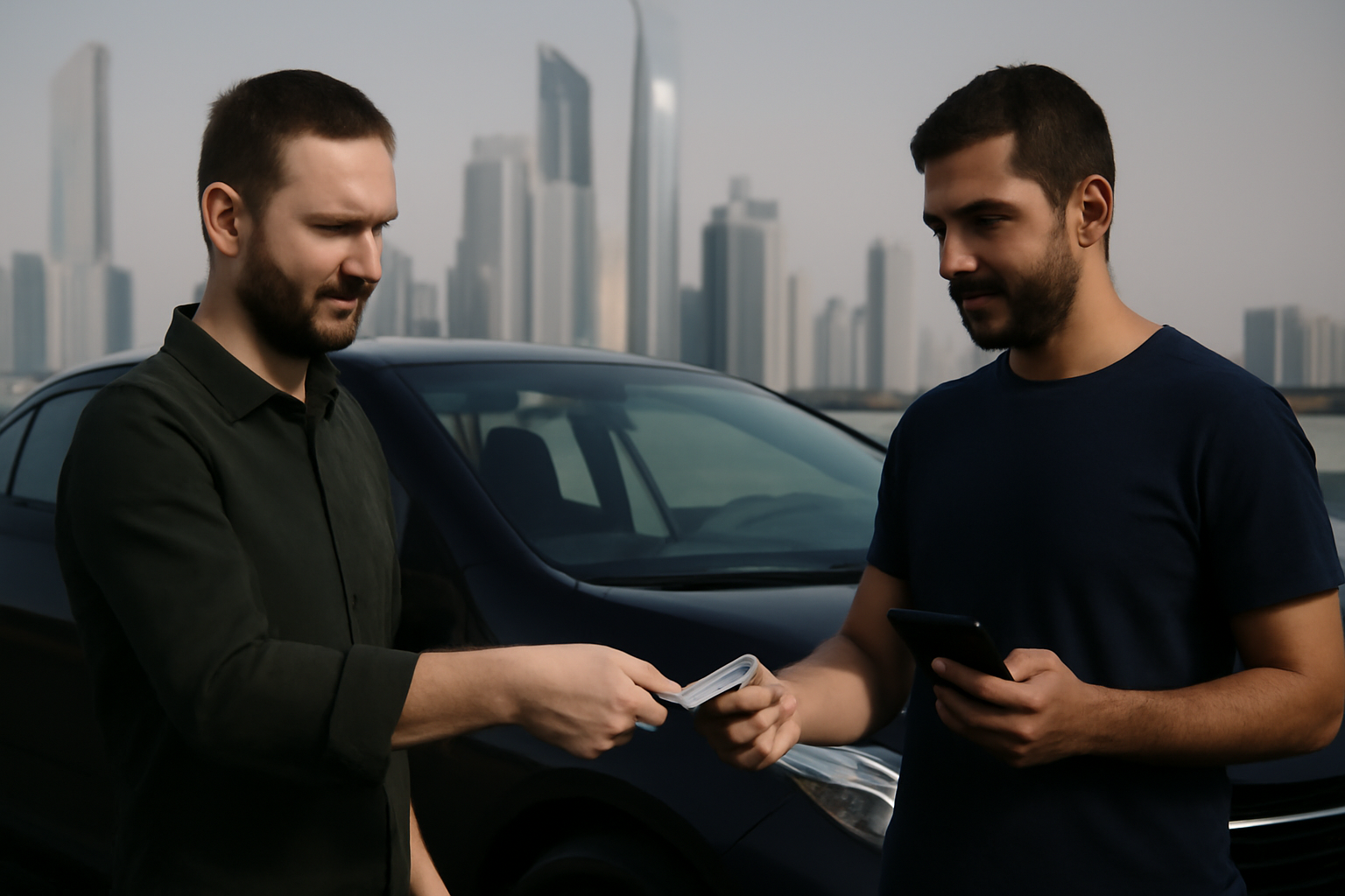 Abu Dhabi car selling with instant payment, two men exchanging money