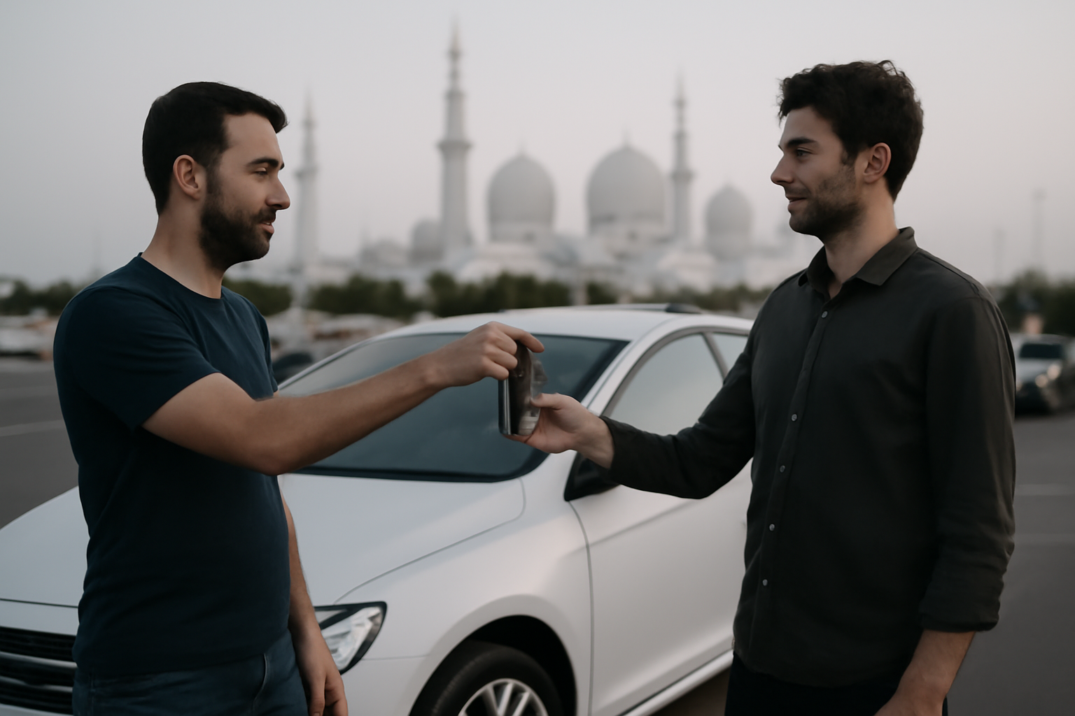 Abu Dhabi car buyers exchanging car keys in Mohammed Bin Zayed City.
