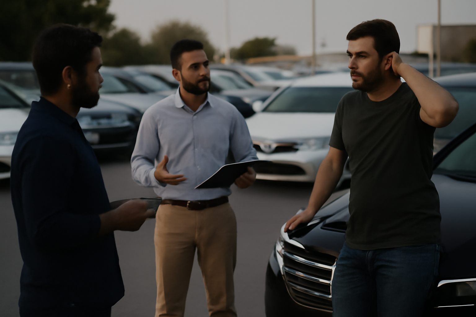 Men discussing car sale options at a dealership in Abu Dhabi.
