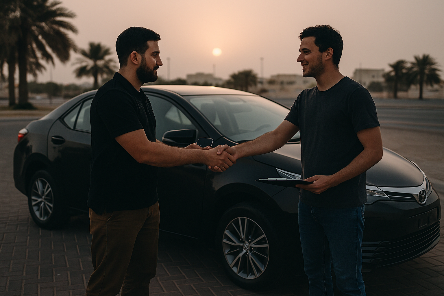 regular men shaking hands to sell any car in Abu Dhabi