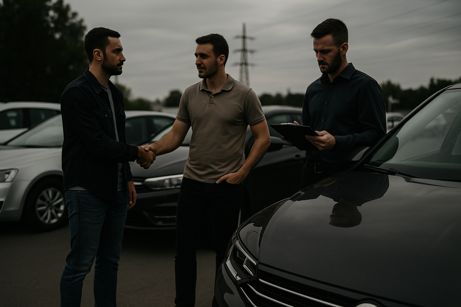 regular men discussing fast car selling options near parked vehicles in Abu Dhabi