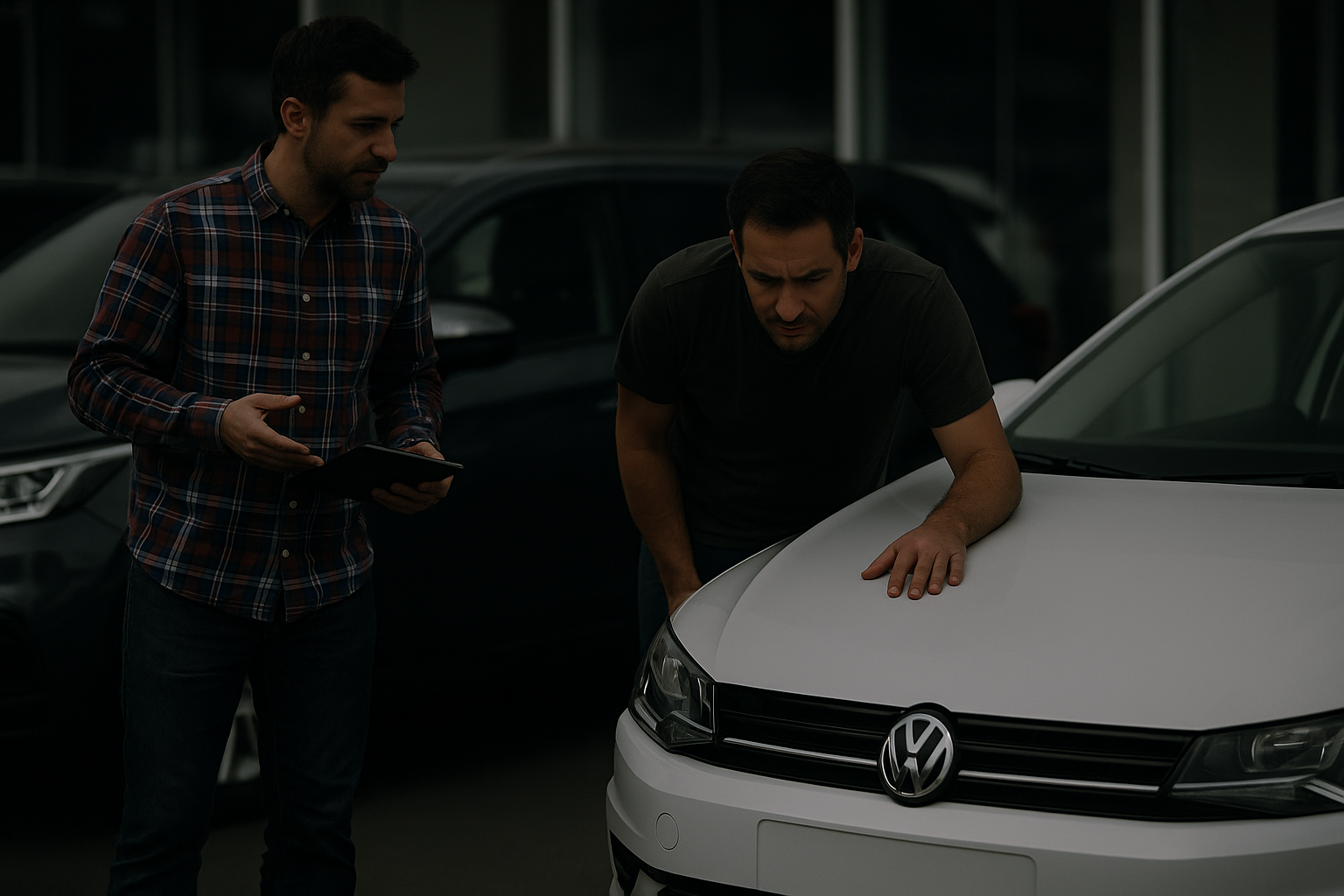 Post free car ad with two men checking a car in Abu Dhabi