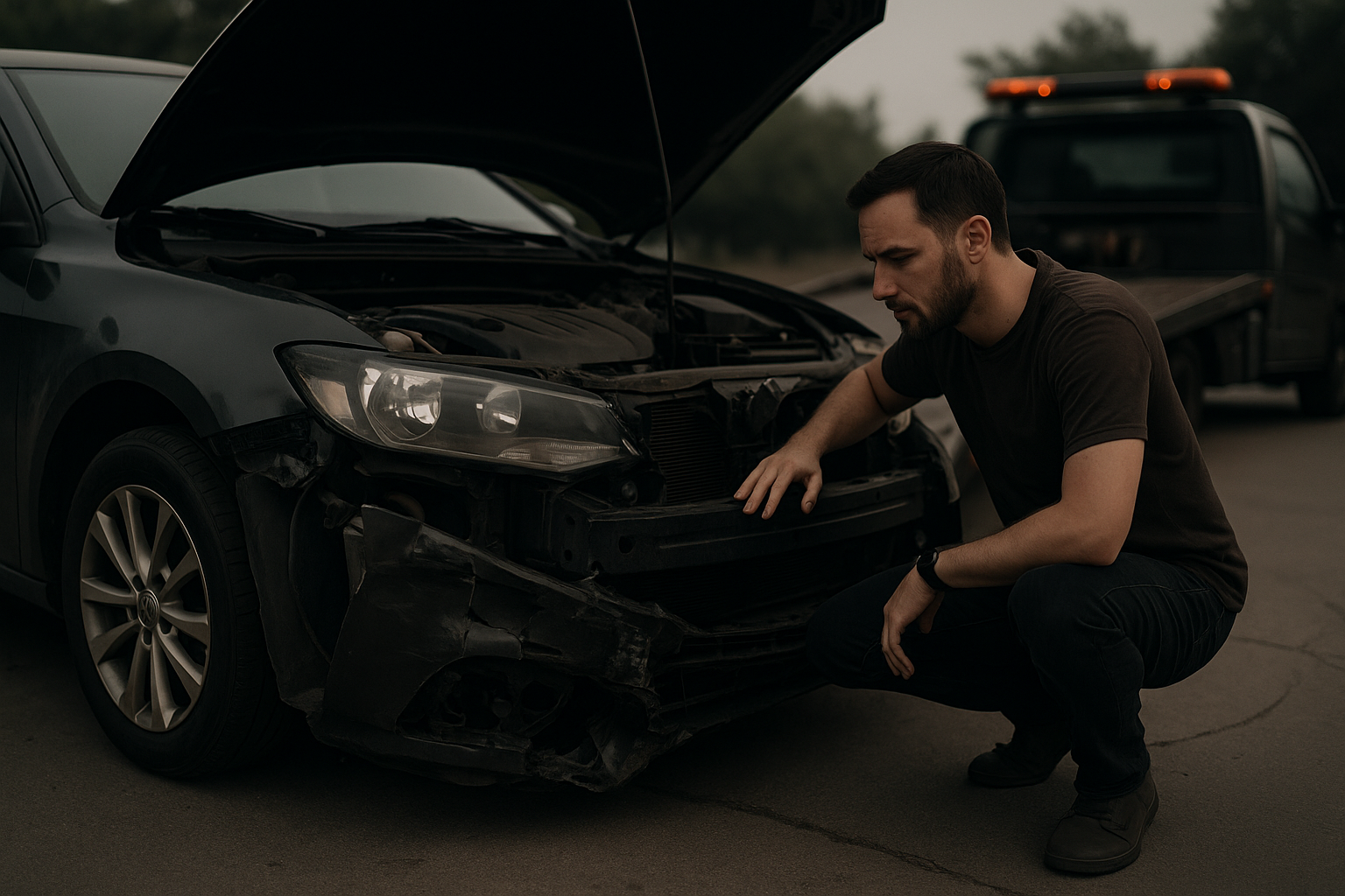 man inspecting damaged vehicle to sell my broken car