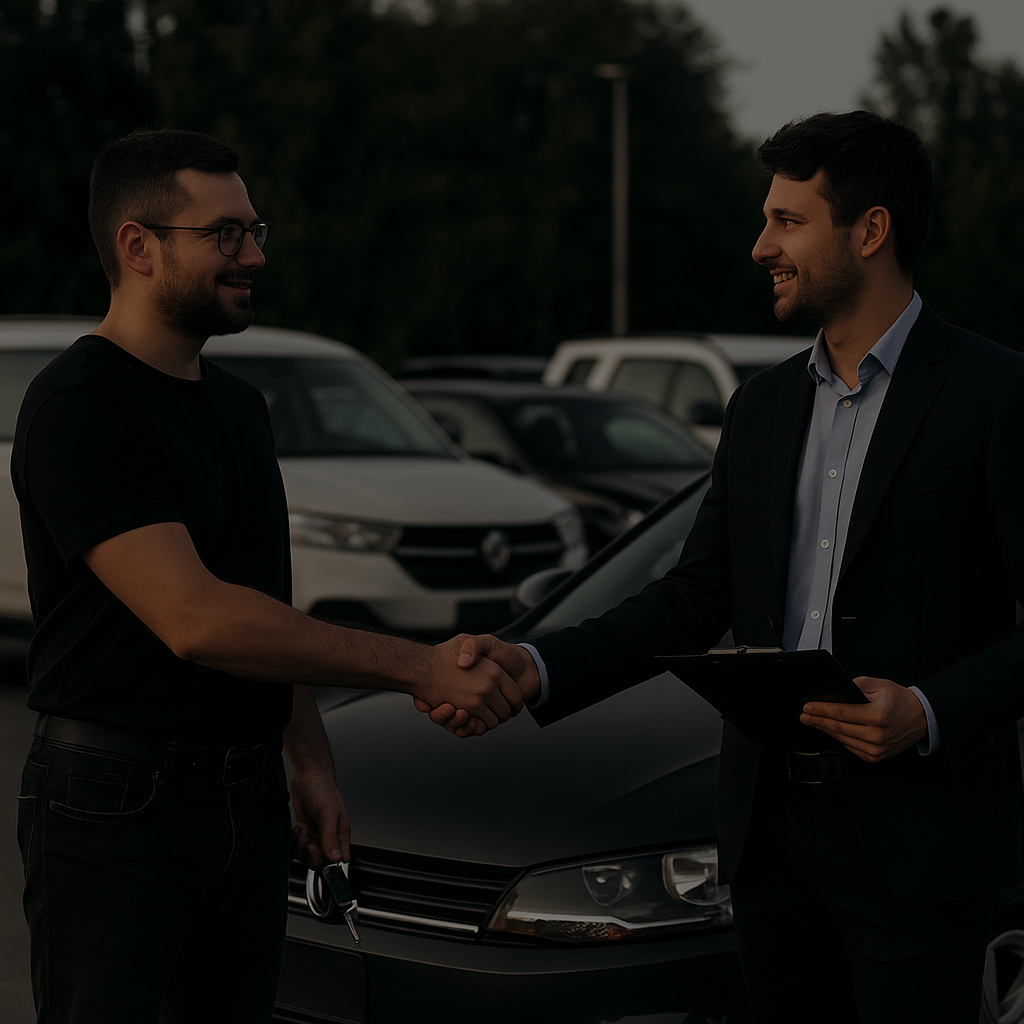 fast car selling options in Abu Dhabi with two men closing a car deal