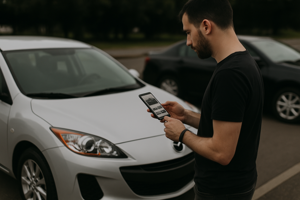 man using phone at best place to sell his car online