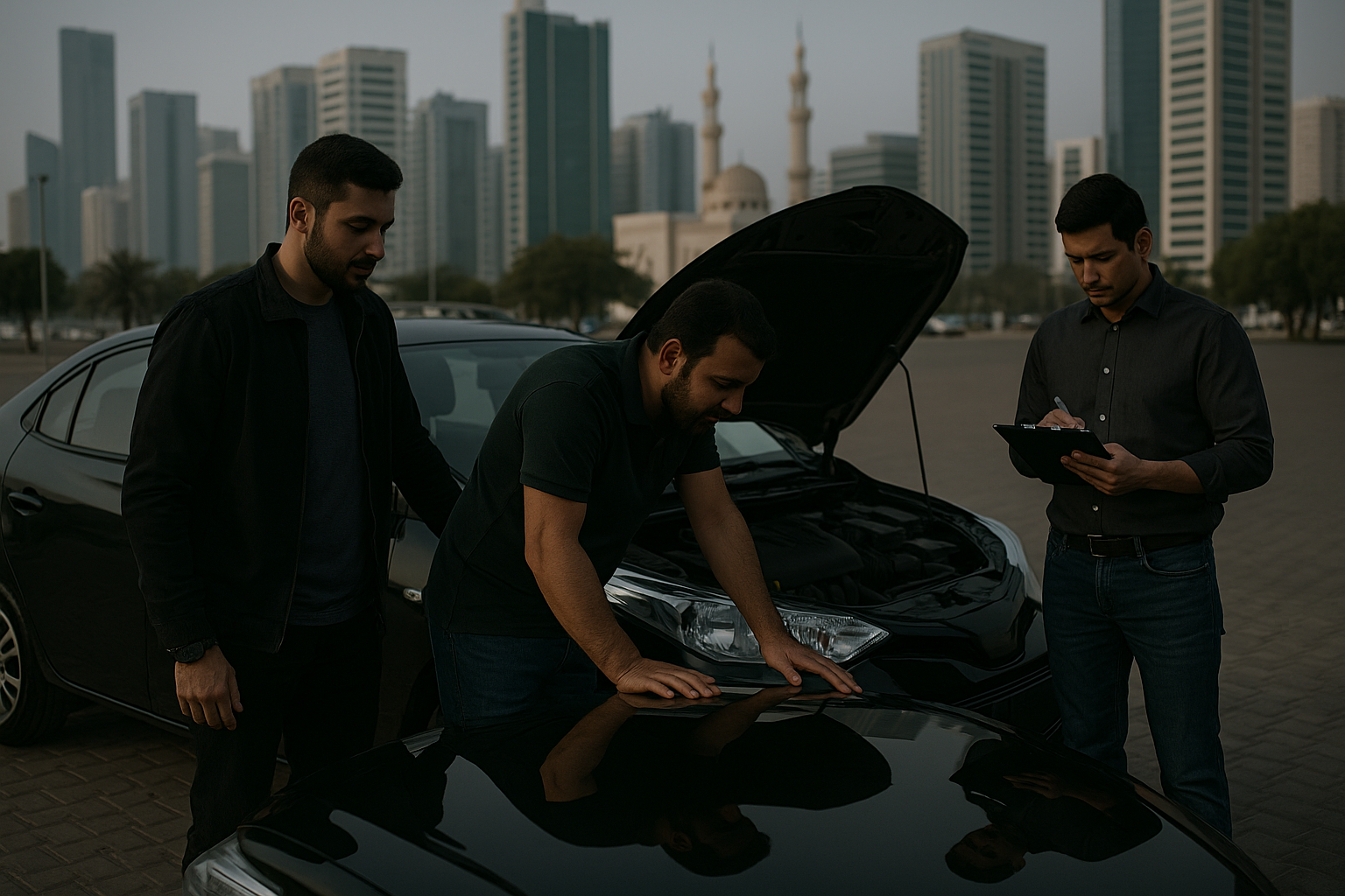Abu Dhabi car buyers inspecting vehicle in Mohammed Bin Zayed City
