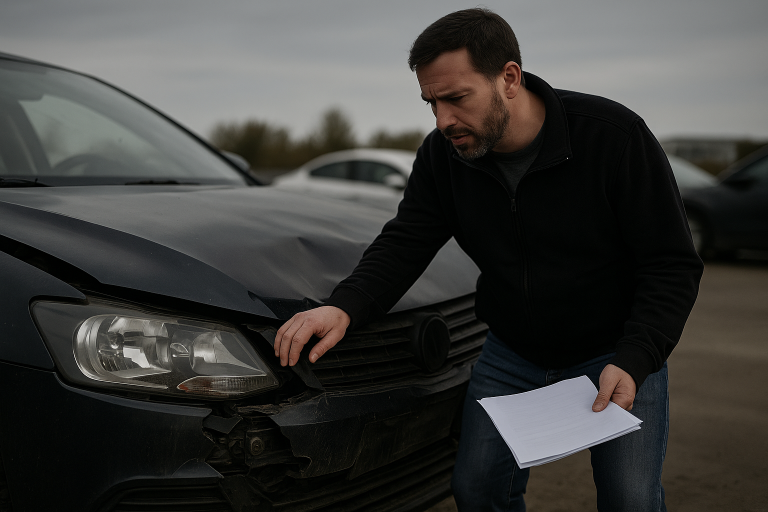 man inspecting vehicle to sell broken car for cash