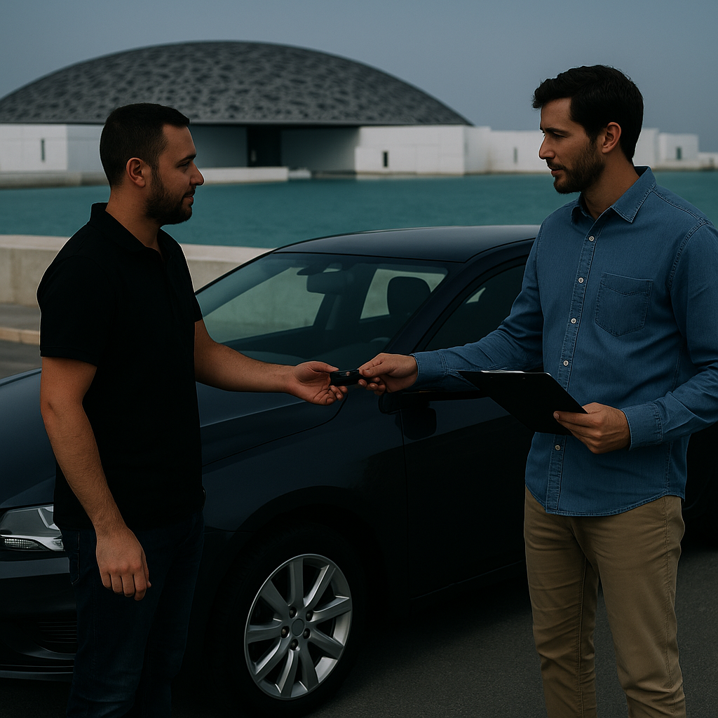 Abu Dhabi car buyers meeting on Saadiyat Island with a car in background